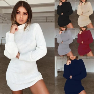 Hot +Women's Sexy Casual Bodycon Knit Sweater Top Skirt Slim Mini Dress Pullover - Picture 1 of 16