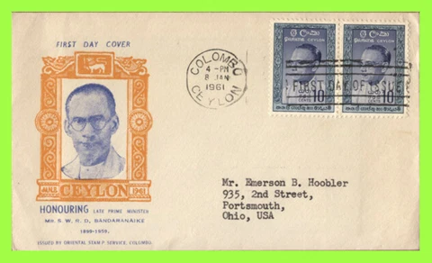 Ceylon 1961 S W R D Bandarnaike 10c pair on First Day Cover Cover