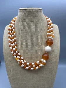 Vintage Amber & White Color Beaded Necklace W/Large Round Beads Gold Accents VG - Picture 1 of 8