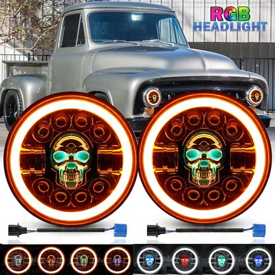 For 1953-1977 Ford F-100 F-250 F-350 Pickup Pair 7" RGB LED Headlights DRL Light - Image 1 of 4