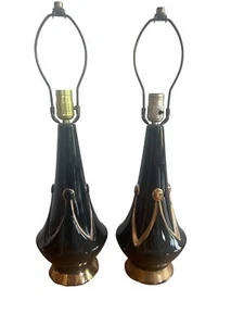 Pair Vintage Mid Century MCM Art Deco Ceramic Porcelain Lamps Black Gold Trim - Picture 1 of 8