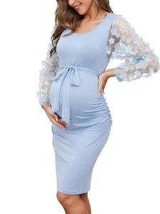 Women Floral Mesh Bishop Long Sleeve Maternity Midi Dress Maternity Bodycon Dres - Picture 1 of 11