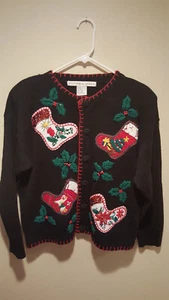 Vintage Clothing Ugly Christmas Cardigan - Victoria Jones - Medium M - Black - Picture 1 of 2