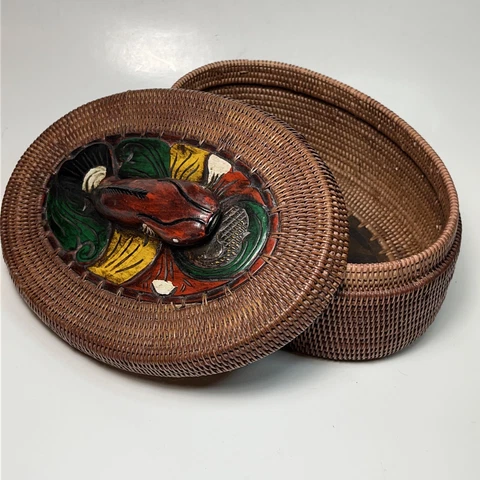Indonesian Woven Trinket Box Basket Carved Wood Lid Koi fish Figure 7"x5" Brown Cover