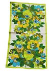 Vtg 60s Kitchen Tea Towel MCM Flowers Groovy Linen Green & Blues Floral Flowers 