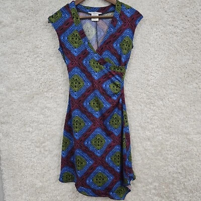 La Belle Dress Womens M Blue Green Red Faux Wrap V Neck Retro Y2K Made in USA - Image 1 of 4