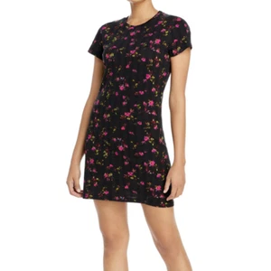 Pam & Gela Womens Black Ditsy Floral Short Sleeve Cotton Knit Mini T-Shirt Dress - Picture 1 of 11