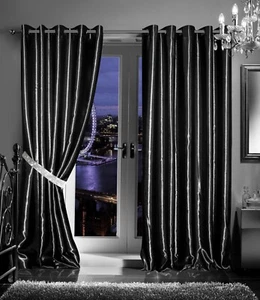 Black Eyelet Curtain Thermal Blackout Satin Ready Made Pair Diamante Tiebacks - Picture 1 of 12