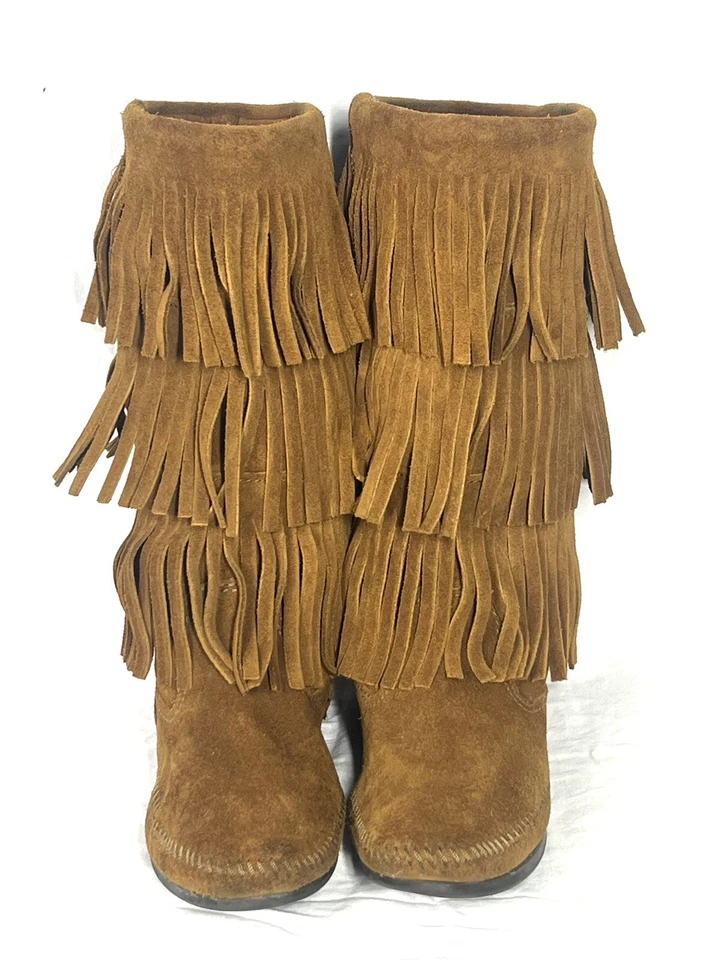 Minnetonka мокасины 3 слоя бахрома ботинки верблюда замши кожи Coachella размер 8 - Изображение 1 из 4