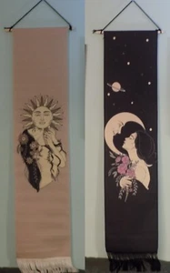 2 Bohemian Art Print Wall Hanging Scroll Moon & Star Girl Boho Tapestry Lot - Picture 1 of 5