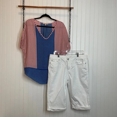 Gibson Latimer & DKNY Jeans Colorblocked Top & White Bermuda Shorts SET Size L - Image 1 of 4
