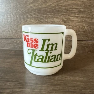 Vintage Glasbake “Kiss Me I’m Italian” Milk Glass Mug | Red Green Print | 3.5” - Picture 1 of 10