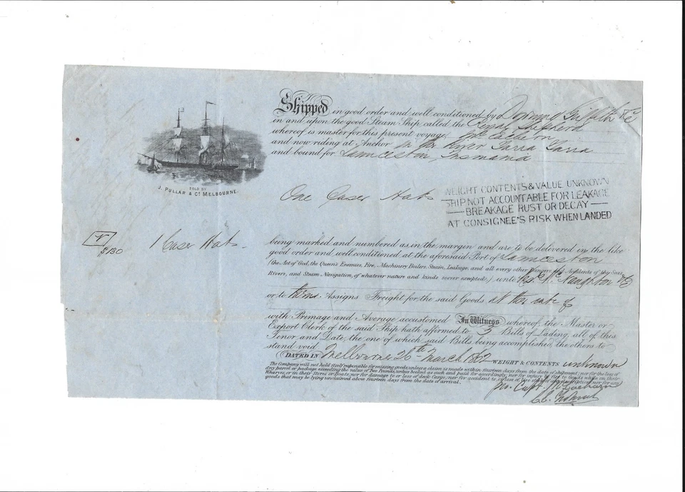 TASMANIA RARE BILL OF LADING 1862 ROYAL SHEPHERD STEAMER (WRECKED 1890) - Image 1 of 1