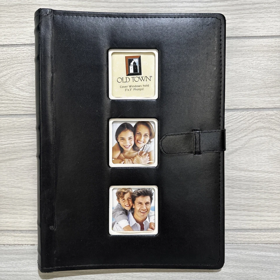 Álbum de fotos Old Town de cuero negro unido 300 fotos *cubierta dañada* vintage Foto 1 de 4