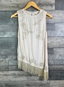 Monsoon Womens Blouse Tank Top Size Medium Ivory Embroidered Erin Fringe Tassel - Picture 1 of 9
