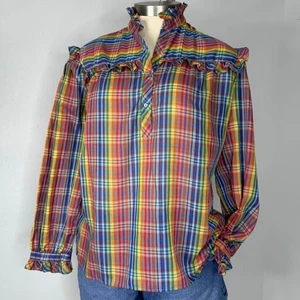 Camicetta arcobaleno vintage anni 70 80 a quadri con volant Western Praire Cottagecore taglia 1X - Foto 1 di 10