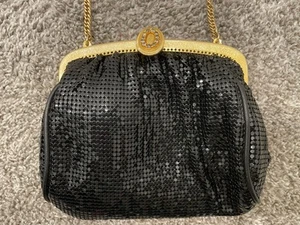 Whiting and Davis International Black Mesh Purse Gold Chain Vintage - Picture 1 of 6