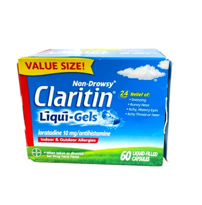 Claritin Liqui-Gels Loratadina Não Sonolenta 10mg/Anti-Histamínico (60 Cápsulas) Novo - Imagem 1 de 2
