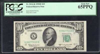 FR. 2014-K 1950-D $10 FRN FEDERAL RESERVE NOTE DALLAS, TX PCGS GEM UNC-65PPQ - Image 1 of 2