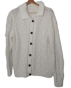 Handknit Fishermans Cardigan Sweater Large Aran Cable Knit Ivory Collared - Picture 1 of 8