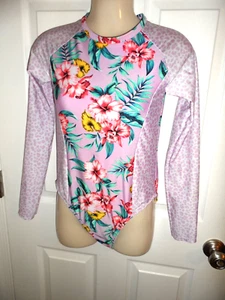 ART CLASS Swimsuit Girls XL 14 Purple/pink Floral Long Sleeve One Piece zipper - Picture 1 of 11
