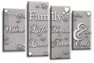 Cuadro en lienzo de pared dividida con marco grande gris plata con impresión artística de cita de amor familiar - Imagen 1 de 5