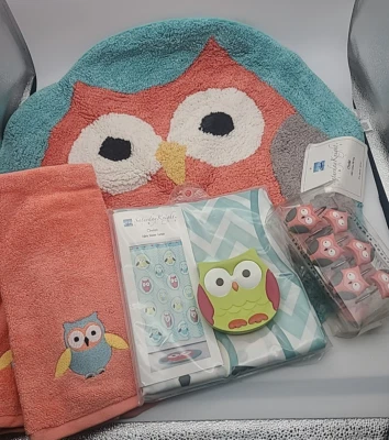 Juego de cortinas de ducha de búho de dibujos animados con ganchos 2 alfombras jabón bomba plato 2 toallas de mano Foto 1 de 4