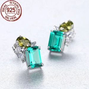 Solid Sterling 925 Silver Cubic Zirconia CZ Green Gem Oval Square Stud Earrings - Picture 1 of 5