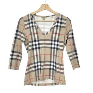 Burberry London Nova Check Shirt Top 3/4 Sleeves Plaid Sz Small V Neck Cotton - Bild 1 von 12