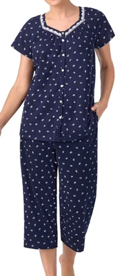 Aria Women's Short Sleeve 100% Cotton Cropped Pajama Set-Large (12-14) -Blue-New - Image 1 of 4