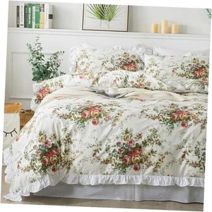 Floral Duvet Cover Set Queen Size 100% Cotton Ruffle Vintage Rose Comforter - Picture 1 of 7