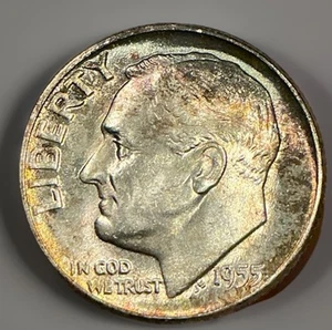 1955-P Roosevelt Dime BU - Beautiful Mottled Toned - Brilliant Uncirculated - Picture 1 of 2
