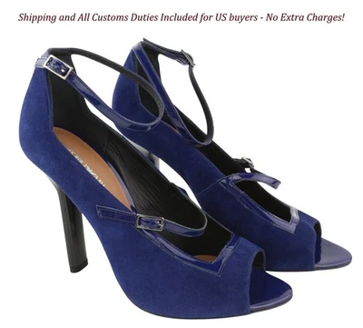 EMPORIO ARMANI X3P741 Mujer Tacones EU37 Azul Gamuza Charol Punta Abierta Hebilla Foto 1 de 4