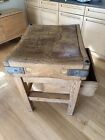 Vintage Solid Maple Butchers Block & Stand With Drawer And Glass Top.