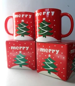 2 Red Ceramic "Merry" Christmas Tree Mugs Made in Japan IOB Retailed at Mervyn's - Picture 1 of 4