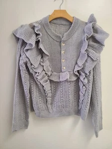Women's Casual Round Neck Long Sleeves Light Gray Cable Knit sweater Size S - Picture 1 of 4