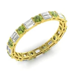 1.96 Ct Real Natural Peridot & Diamond Wedding Eternity Band 14K Yellow Gold - Picture 1 of 4