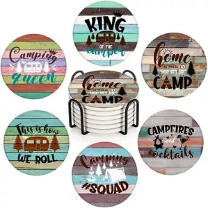 Coaster For Drinks Set Of 6 Wooden Summer Camping Forest Absorbent Round Ceramic - Picture 1 of 5
