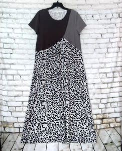 Dress Womens Medium Black Gray Colorblock Animal Print Short Sleeve Maxi Boho - Picture 1 of 7