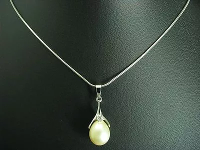 925 Argento Sterling Catena & Ciondolo Con Perla Finta & Zirconia Carico / - Immagine 1 di 3