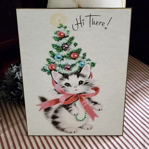SHABBY KITCHY RETRO VINTAGE MODERN STYLE CARD CHRISTMAS TREE ON CAT HEAD SIGN - Picture 1 of 11