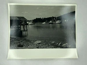 Fishing Boats In Water Shore Snapshot B&W Photograph 8 x 10 - Picture 1 of 2