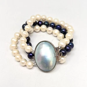 Womens Bracelet Cultured Black Pearl 3 Beaded Strands White & Dyed 8mm 54 Ps 7in - Picture 1 of 10