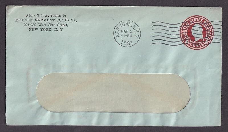 US #U432 WASHINGTON DIE 1 ON BLUE  ENTIRE NEW YORK CITY TO NEW YORK CITY 1931 - Image 1 of 2