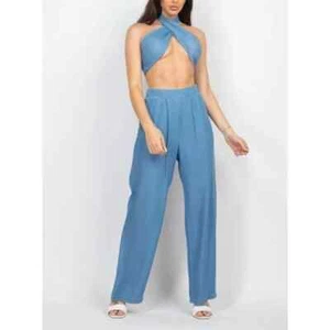 GSW Womens Light Blue Denim Tube Tied Top & Flare Wide Leg Pants Set - Picture 1 of 8