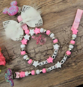Set of two Personalised dummy clip Pram charm pink for car seat pushchair bag - Picture 1 of 1