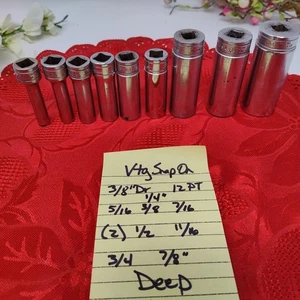 Snap-on SF Deep Well Socket Set 9 Pc SAE 3/8" Drive 12 Point Vtg Underlined - Picture 1 of 14