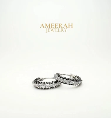 18K Solid Gold Natural Diamond Black and White Hoop Earrings / Loop Earrings - Image 1 of 4