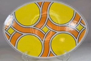 Retro 70’s Style Fused Glass Oval Platter Tray Orange Yellow Circle 13.5” X 10” - Picture 1 of 4