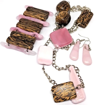 Pink Agate/Resin Wood Beaded MatchingSet-6.5 In Bracelet 19' Necklace & Earrings - Image 1 of 4